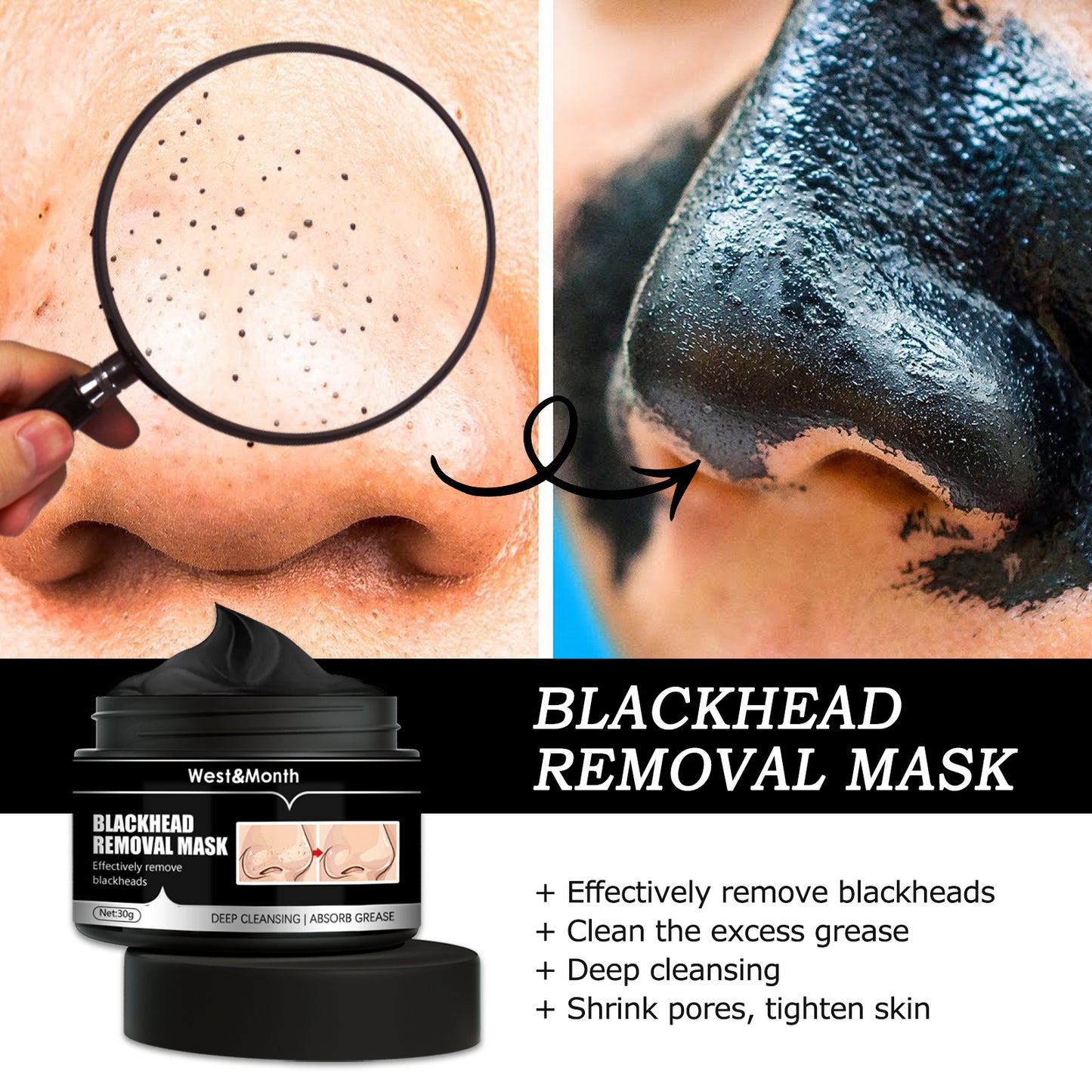 West & Month Blackhead Removal Mask, Peel Off Remove Blackhead Activated Carbon Cleansing Face Mask